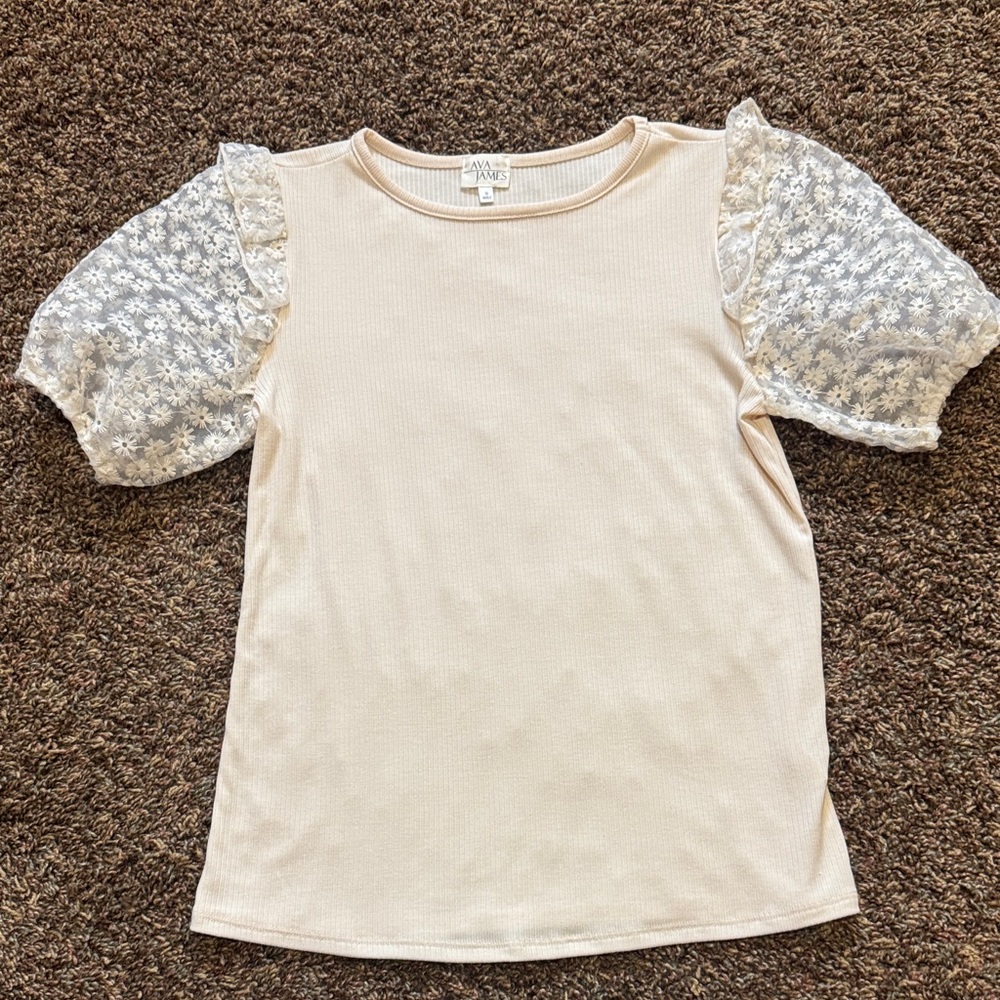Ava James Off White Cream Mesh Puff Sleeve Lace Top S